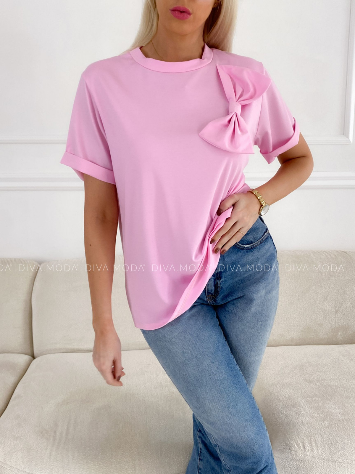 Oversize tričko s mašľou ružové P 51