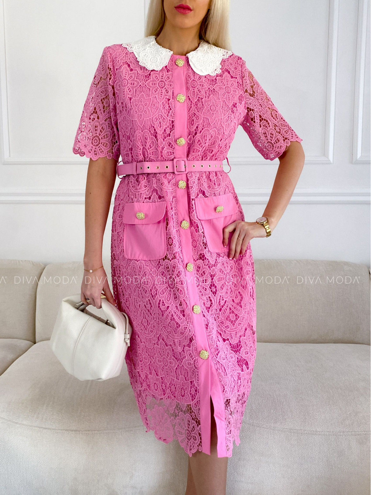 Midi krajkované šaty s golierom ružové P 72