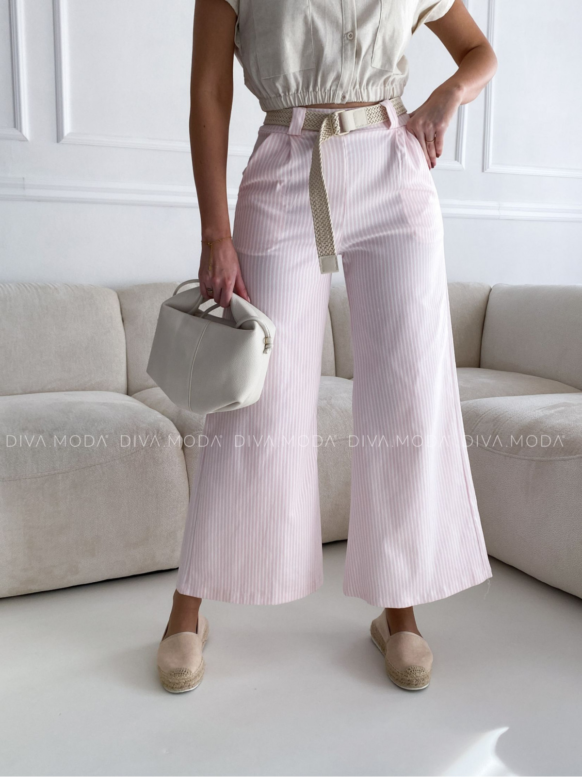 Bavlnené zvonové nohavice strips ružové P 86