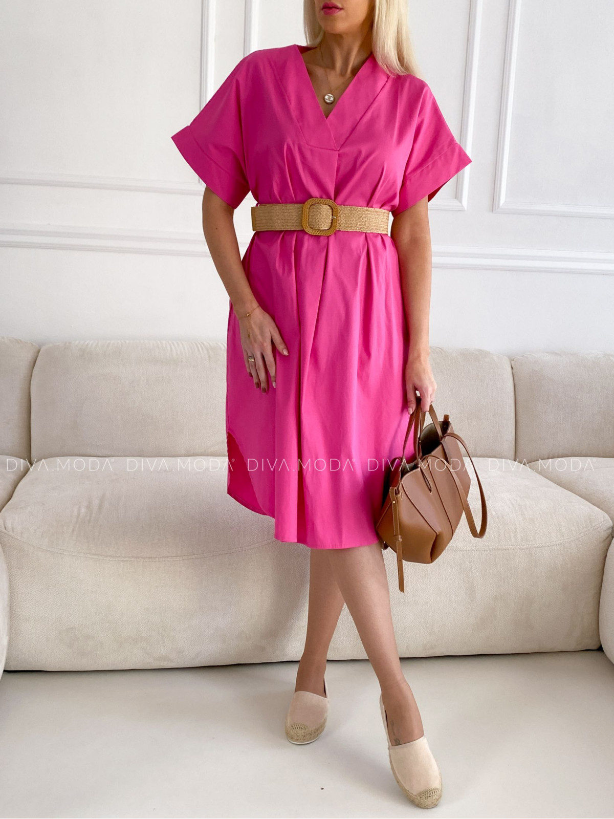 Bavlnené voľné šaty s opaskom ružové Nero P 85