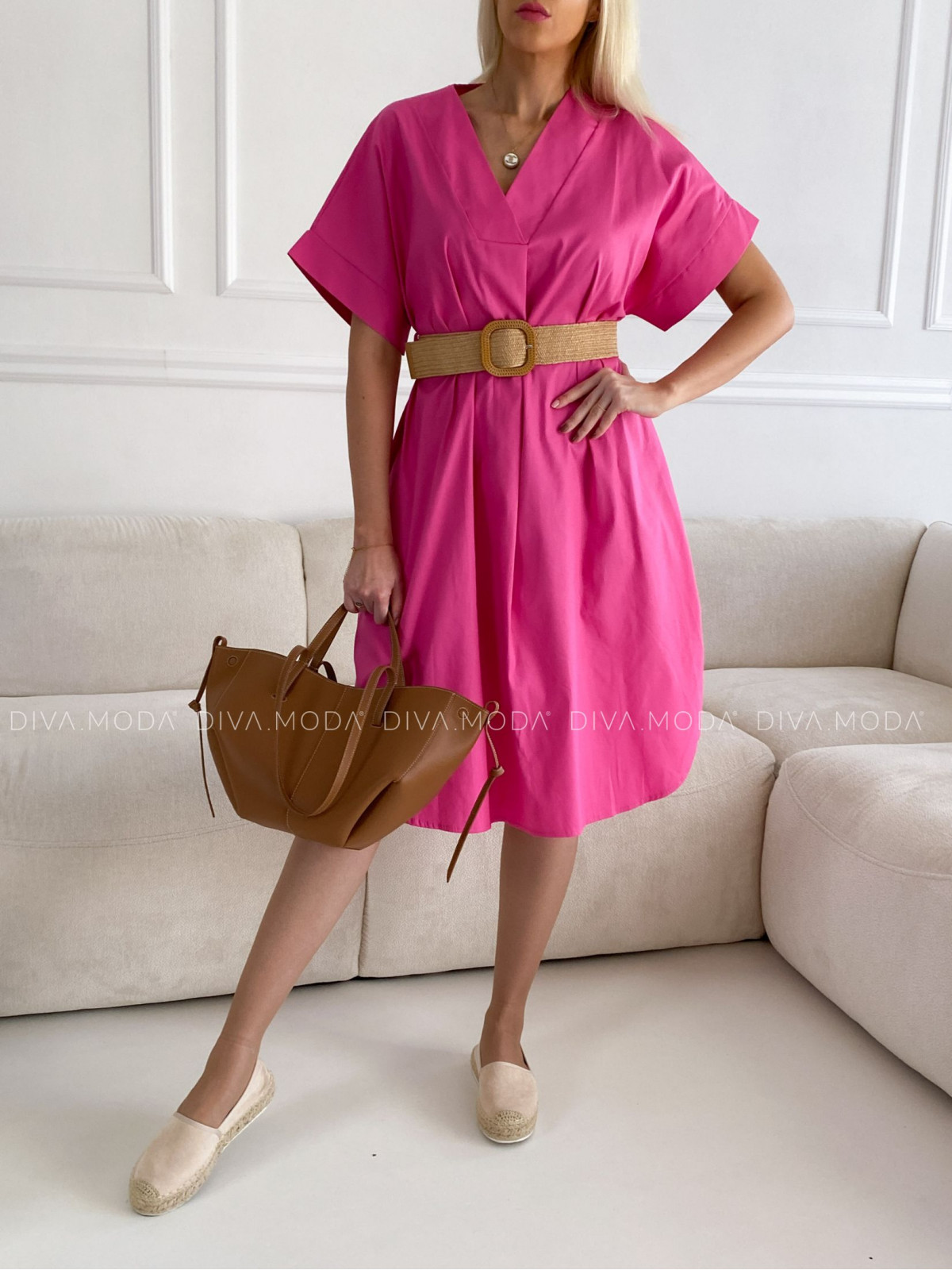 Bavlnené voľné šaty s opaskom ružové Nero P 85