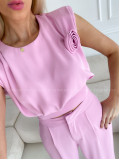 Elegantný komplet nohavice + top rose ružový P 80