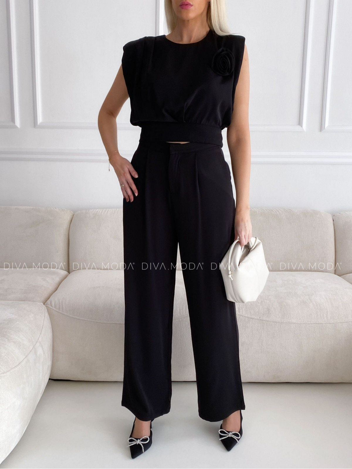 Elegantný komplet nohavice + top rose čierny P 80