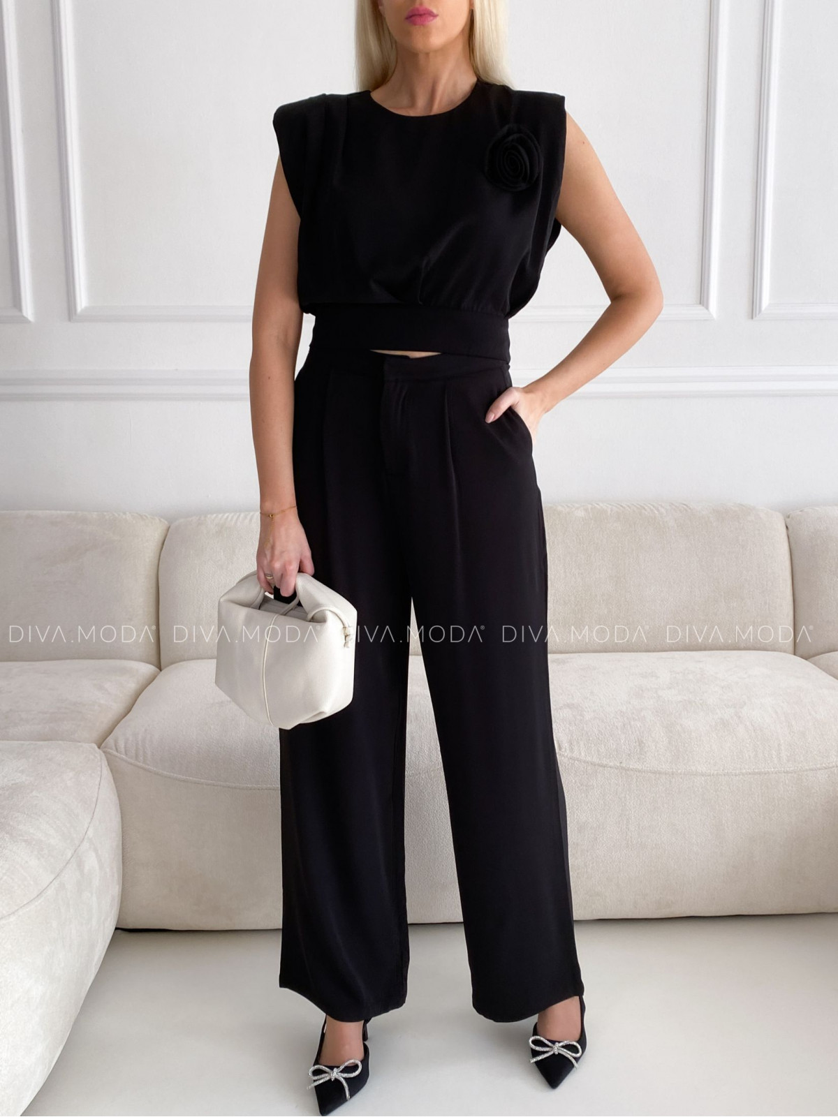 Elegantný komplet nohavice + top rose čierny P 80