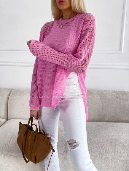 Dierkovaný sveter s rázporkom ružový P 87