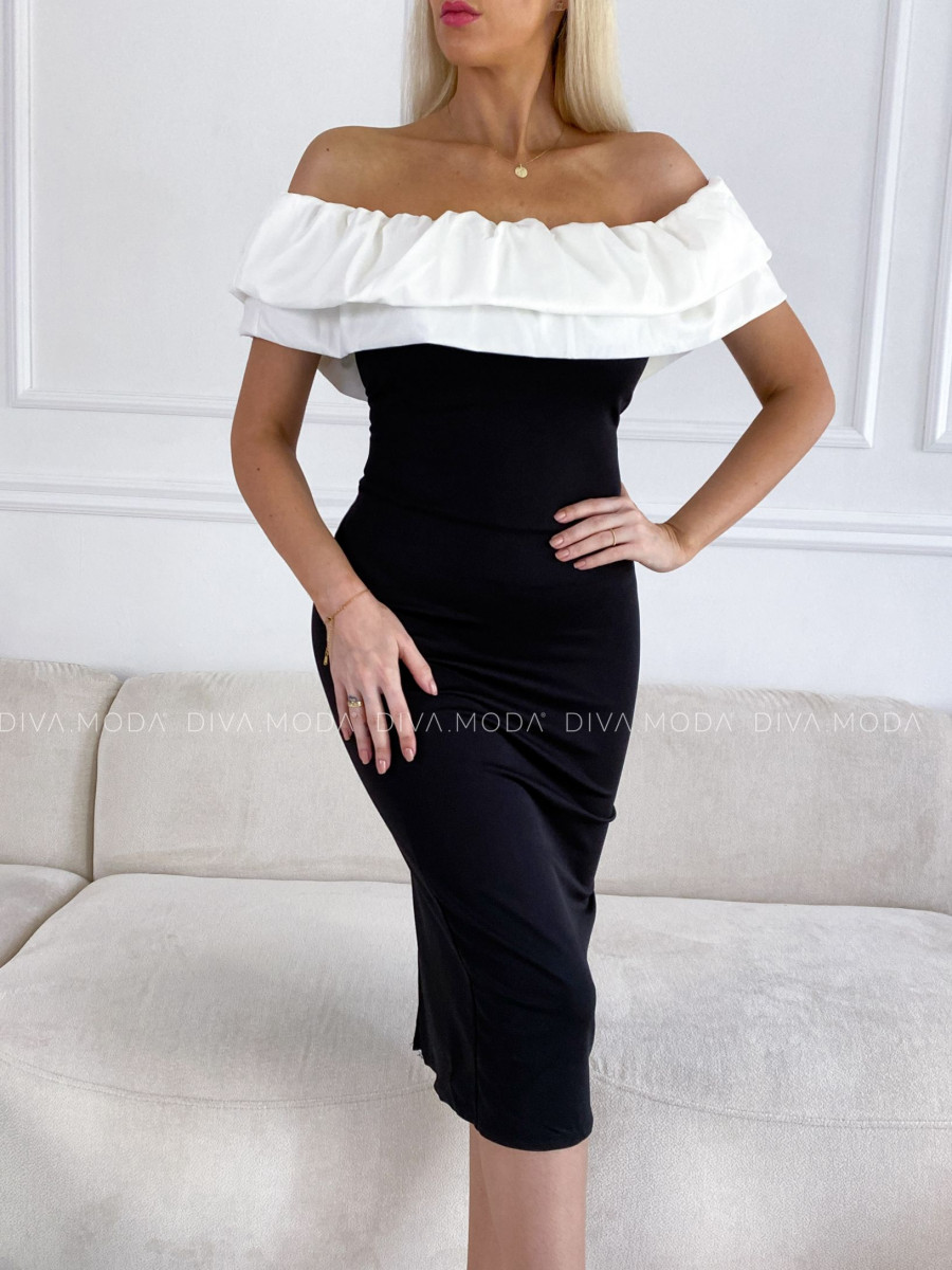 Priliehavé šaty s volánom off shoulders čierno / biele P 98