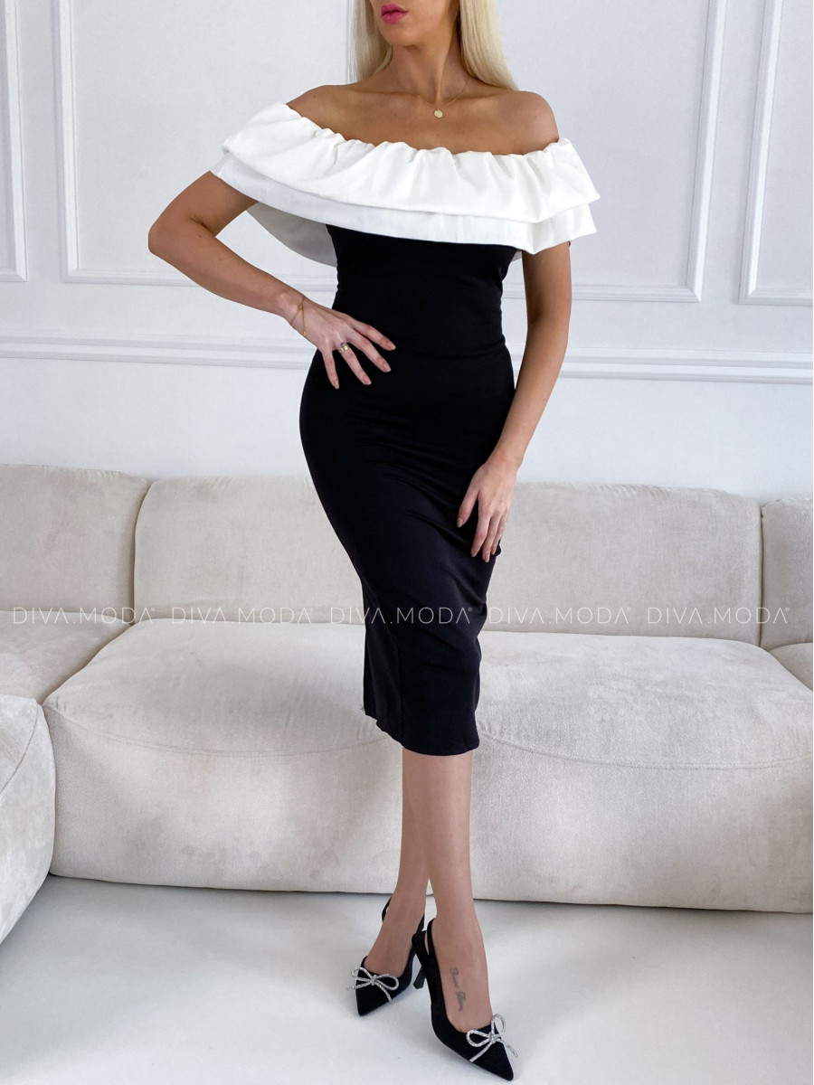 Priliehavé šaty s volánom off shoulders čierno / biele P 98