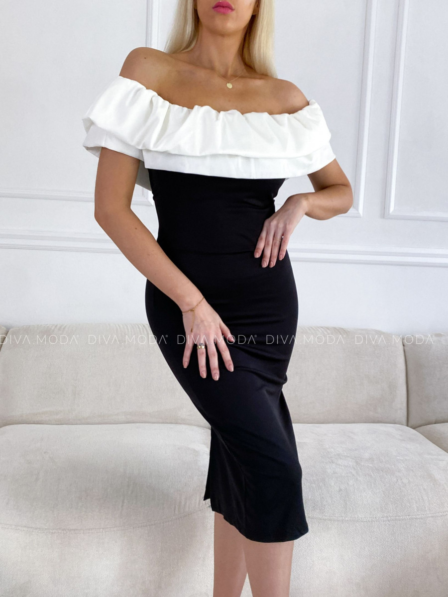Priliehavé šaty s volánom off shoulders čierno / biele P 98