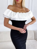Priliehavé šaty s volánom off shoulders čierno / biele P 98