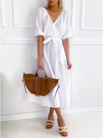 Mušelínové maxi šaty s opaskom Liv biele P 113