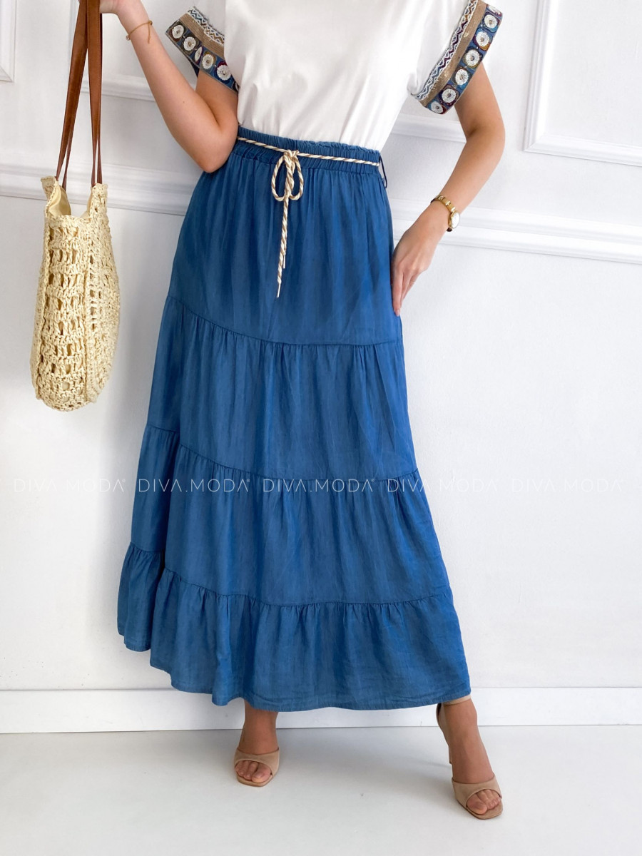 ľahká látková A-sukňa denim  s opaskom tmavá P 111