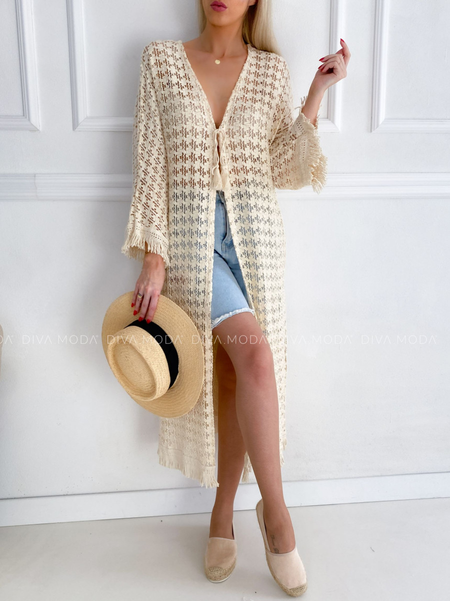 Háčkovaný kaftan na plavky ecru P 144