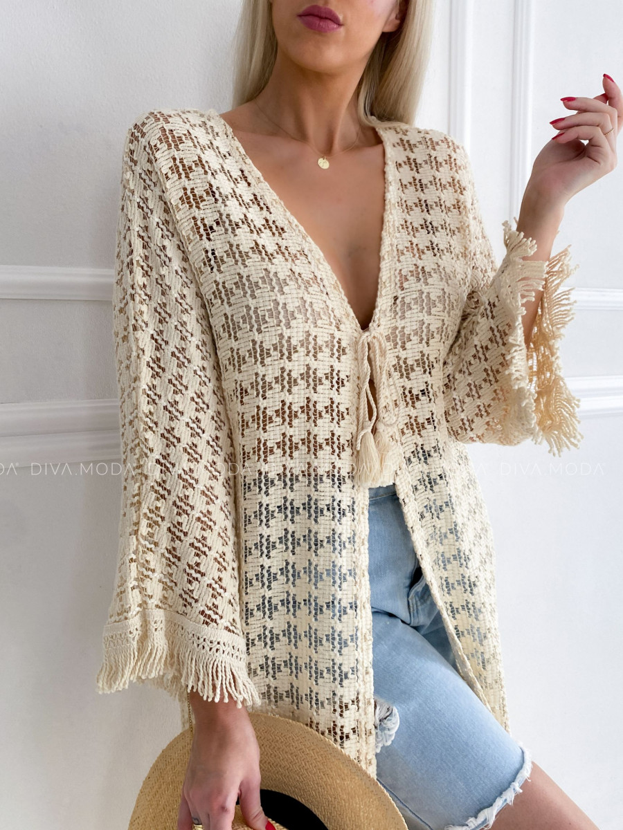 Háčkovaný kaftan na plavky ecru P 144