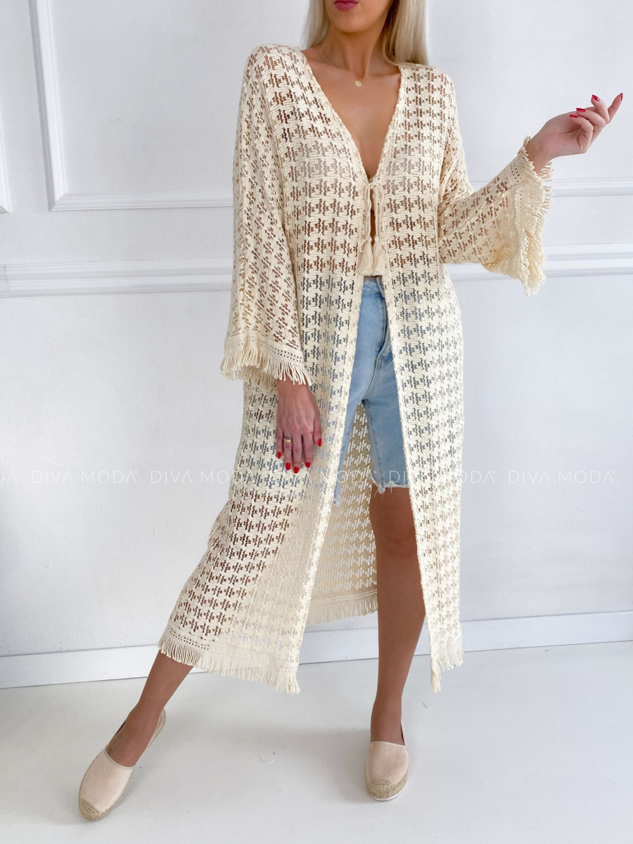 Háčkovaný kaftan na plavky ecru P 144