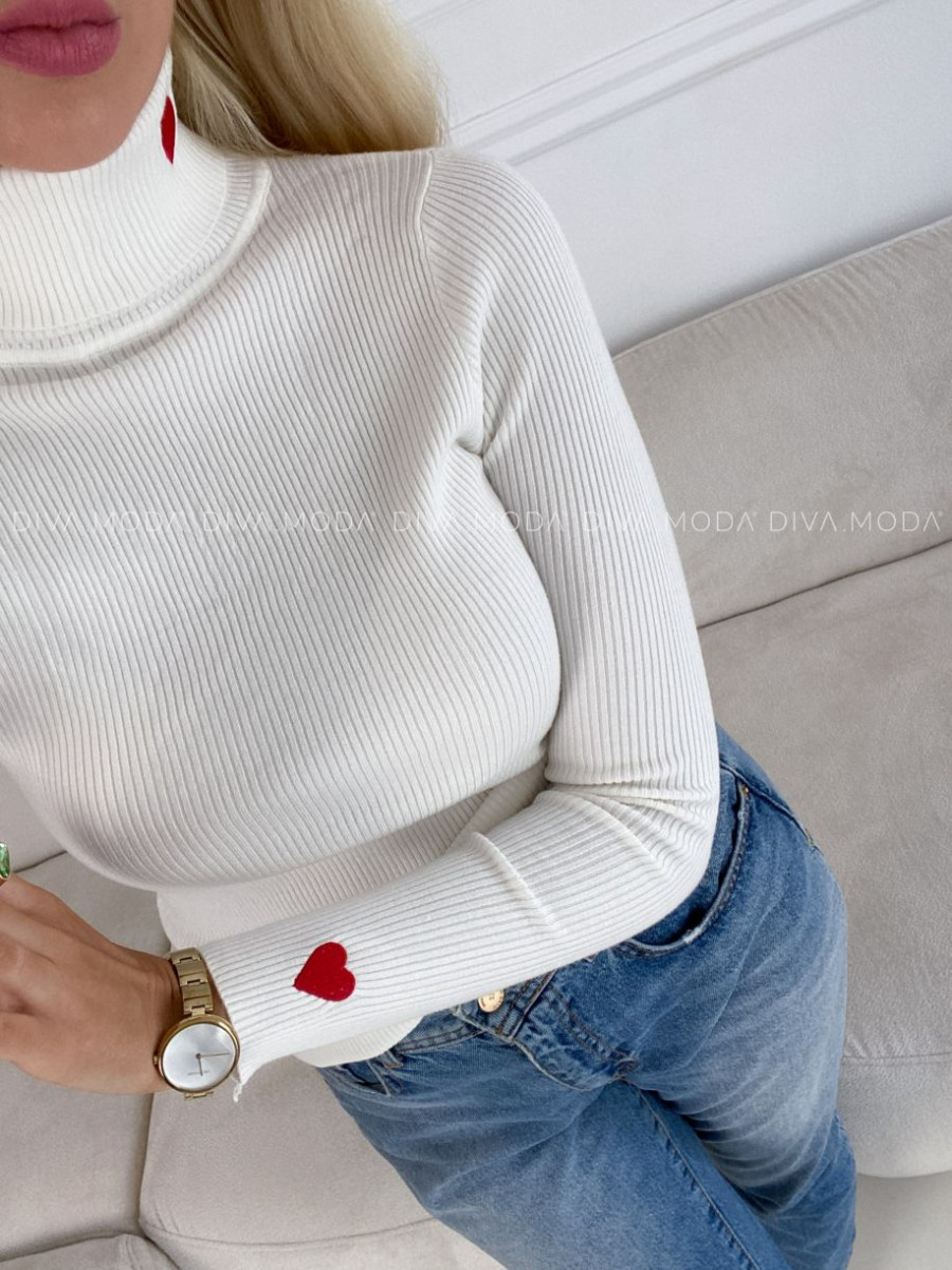 Rebrovaný rolák so srdiečkami biely V 50