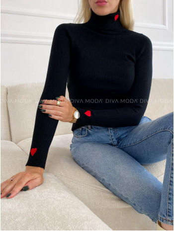 Rebrovaný rolák so srdiečkami čierny V 50