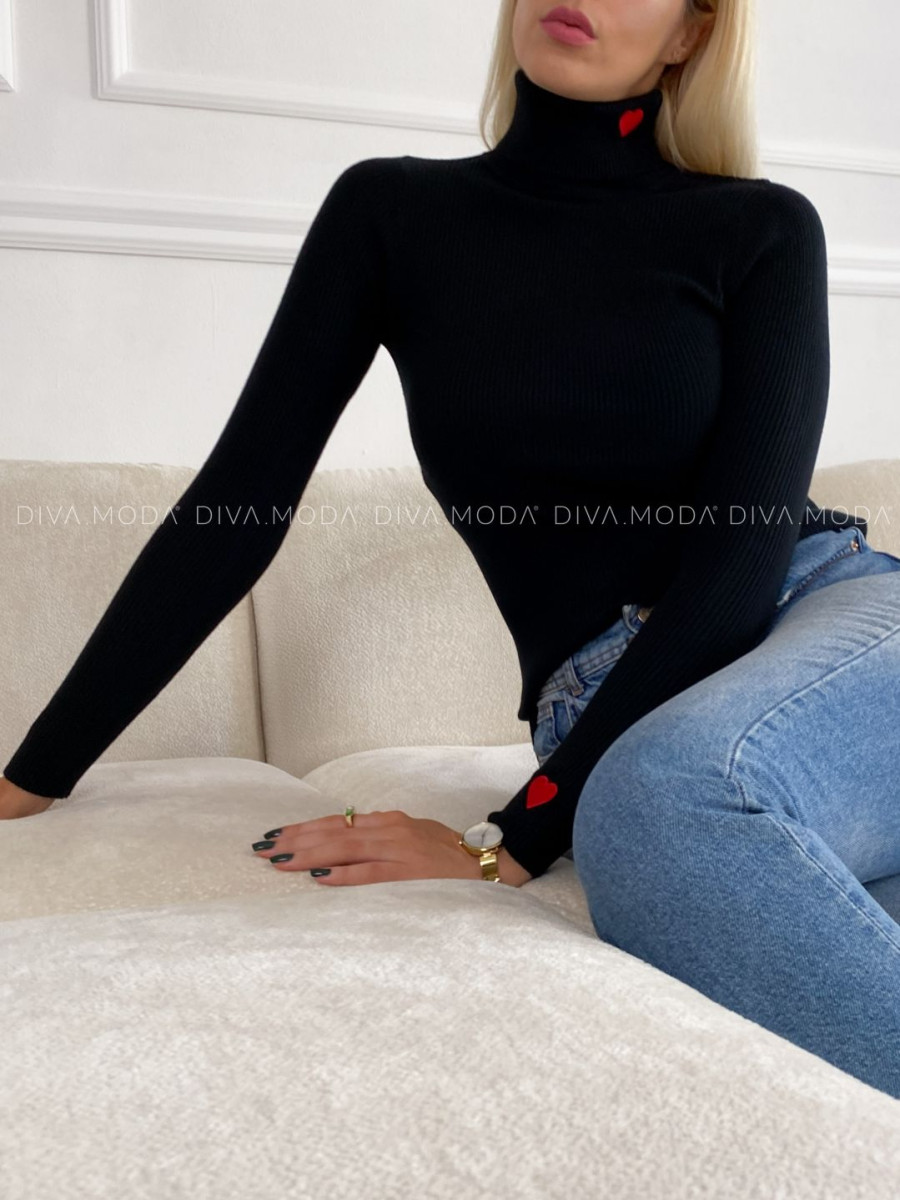 Rebrovaný rolák so srdiečkami čierny V 50