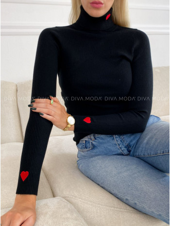 Rebrovaný rolák so srdiečkami čierny V 50