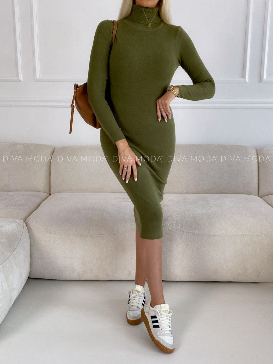 Úpletové rolákové midi šaty Ella khaki V 43