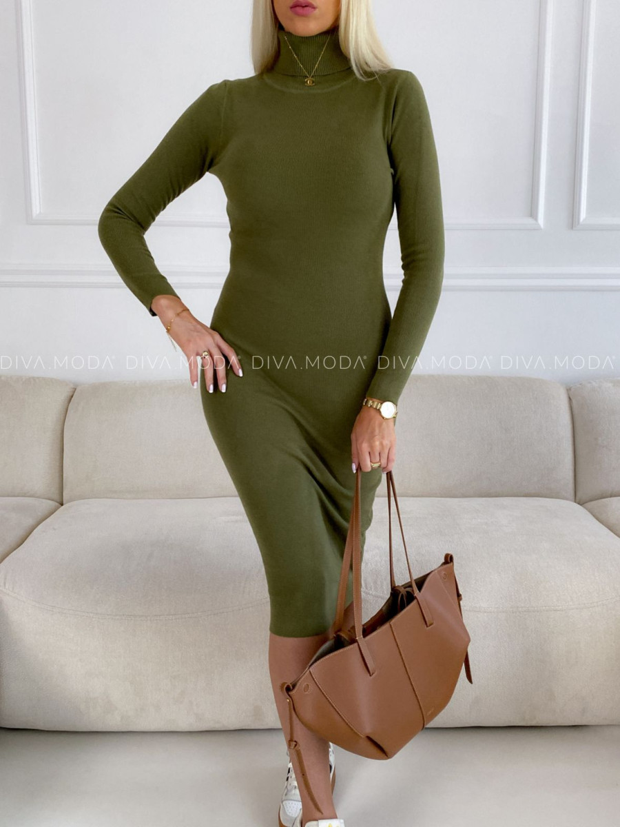 Úpletové rolákové midi šaty Ella khaki V 43