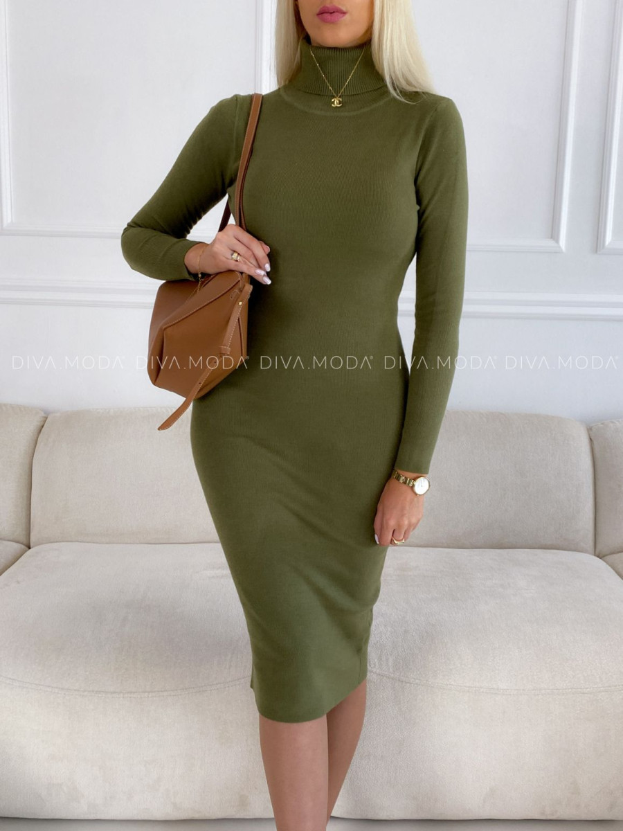 Úpletové rolákové midi šaty Ella khaki V 43