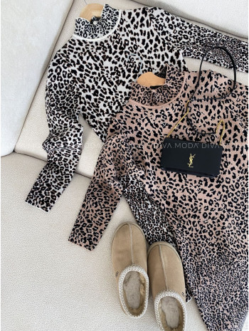 Úpletové leopardie rolákové šaty čierno-biele V 36