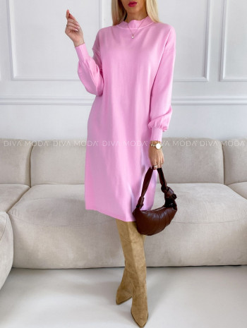Úpletové midi šaty s puf rukávom ružové V 42