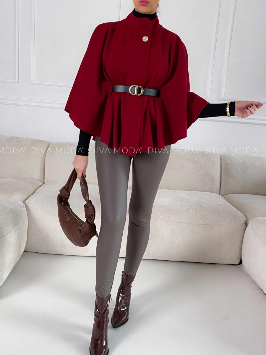 Elegantné pončo s opaskom burgundy V 189 Elegantné pončo s opaskom burgundy V 189