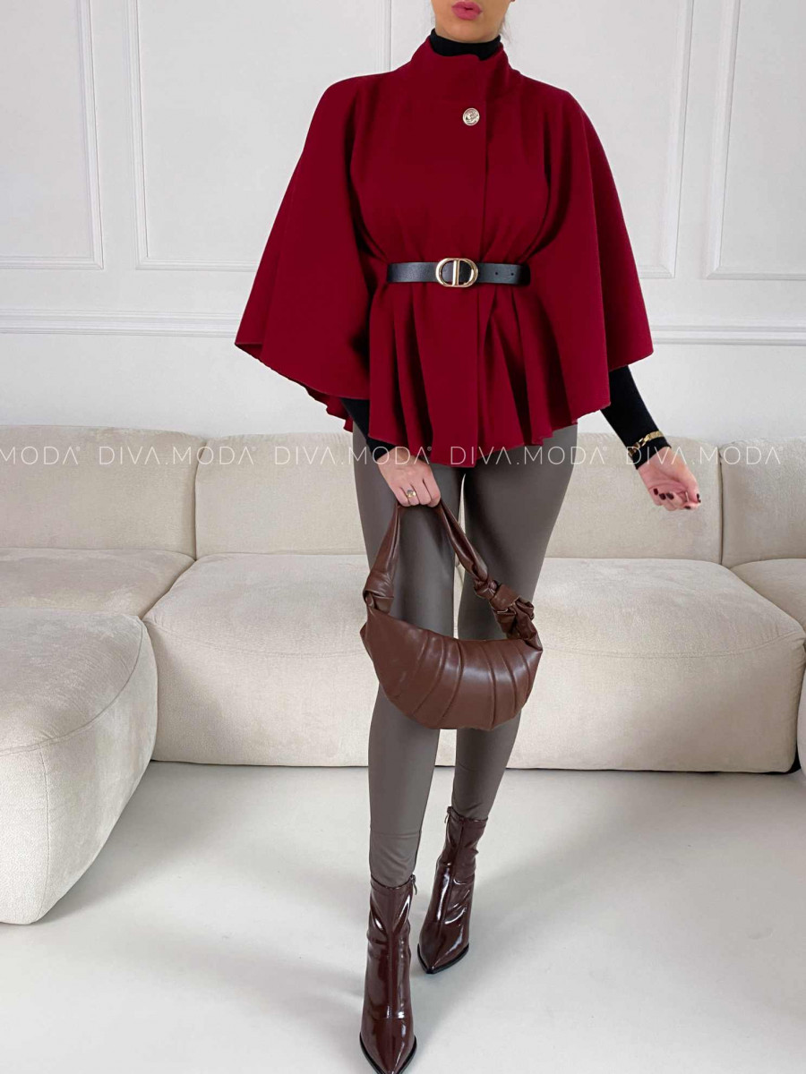 Elegantné pončo s opaskom burgundy V 189 Elegantné pončo s opaskom burgundy V 189