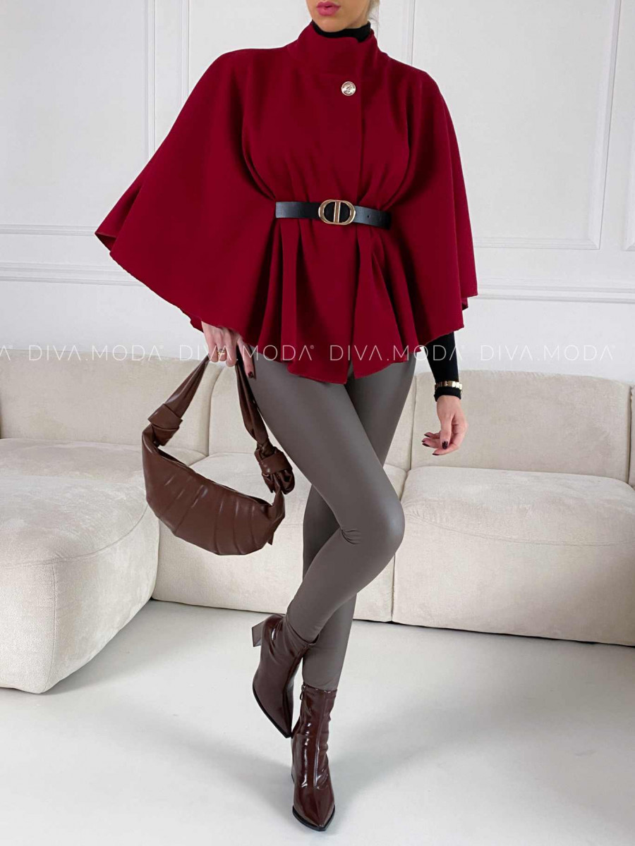 Elegantné pončo s opaskom burgundy V 189 Elegantné pončo s opaskom burgundy V 189