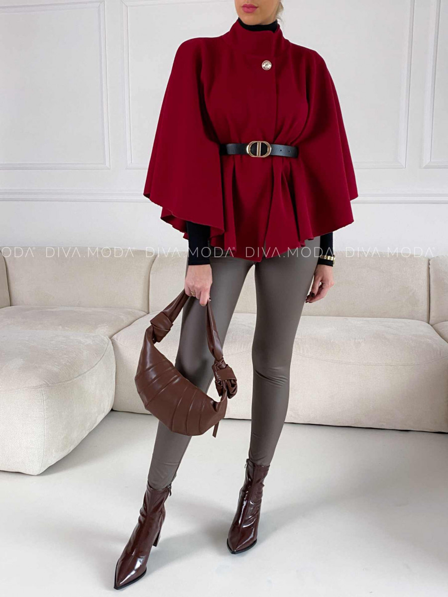 Elegantné pončo s opaskom burgundy V 189 Elegantné pončo s opaskom burgundy V 189