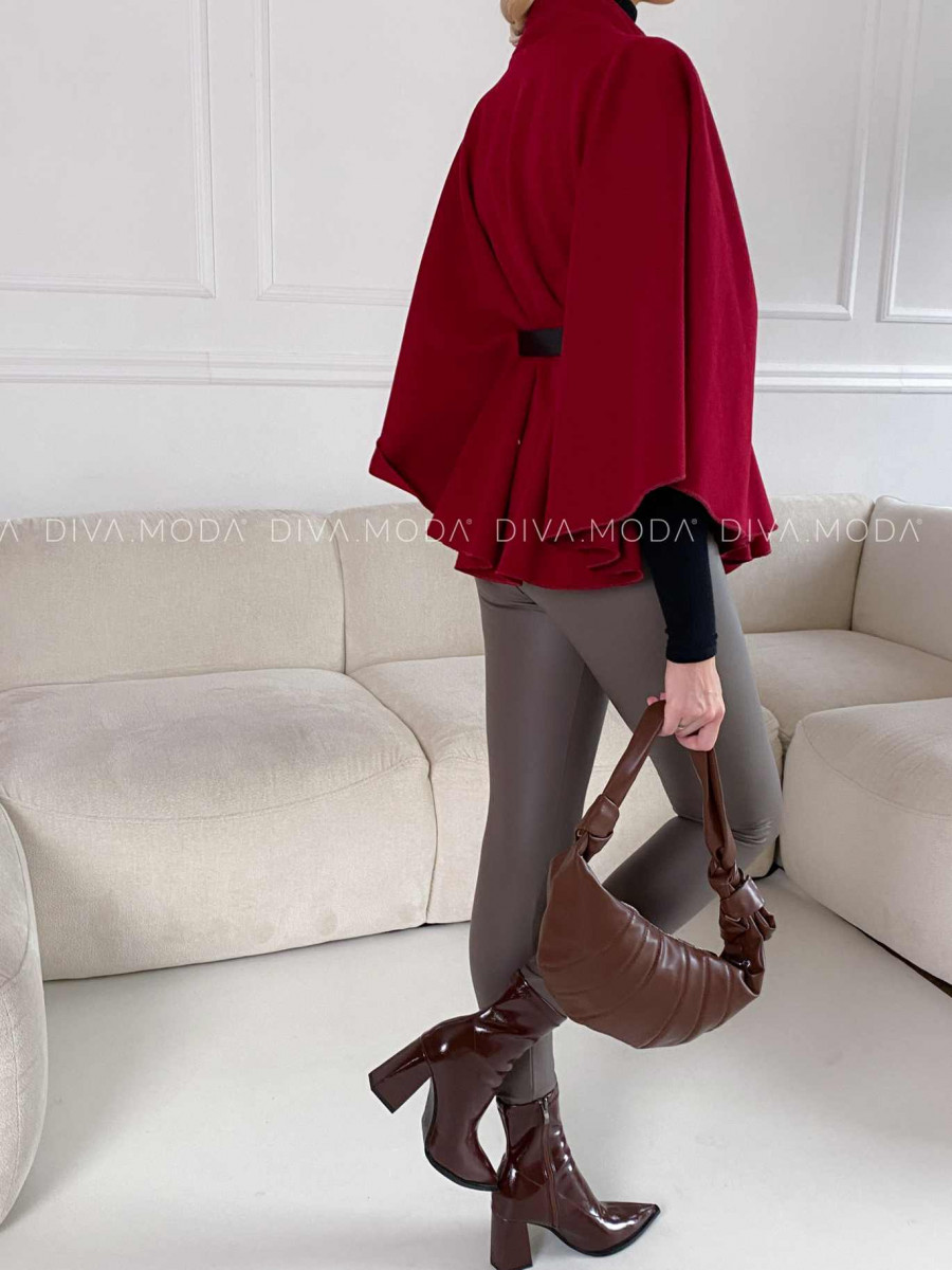 Elegantné pončo s opaskom burgundy V 189 Elegantné pončo s opaskom burgundy V 189