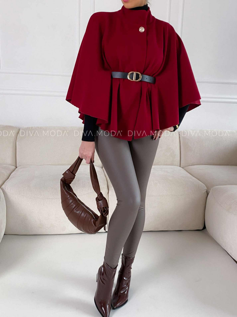 Elegantné pončo s opaskom burgundy V 189 Elegantné pončo s opaskom burgundy V 189