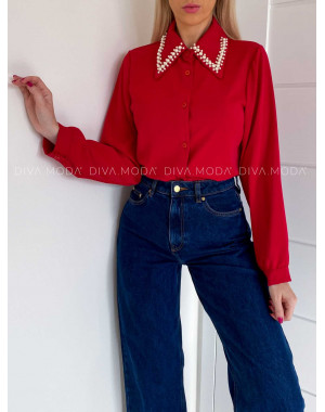 Blúzka s perličkami na golieri červená V 219