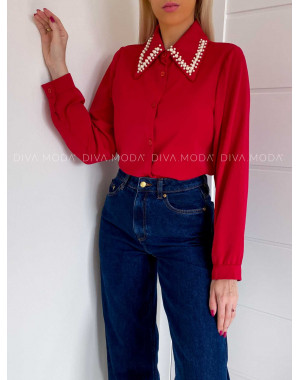 Blúzka s perličkami na golieri červená V 219
