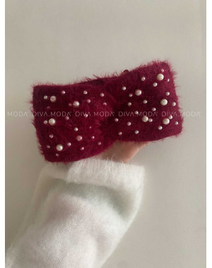 Pletená čelenka s perličkami burgundy G 53