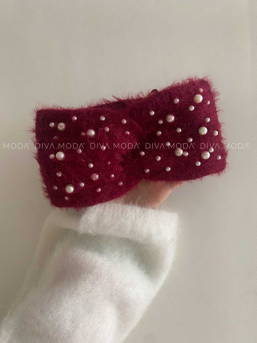 Pletená čelenka s perličkami burgundy G 53