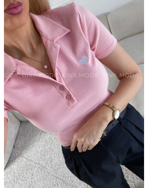 Rebrované polo tričko so srdiečkom ružové M 185