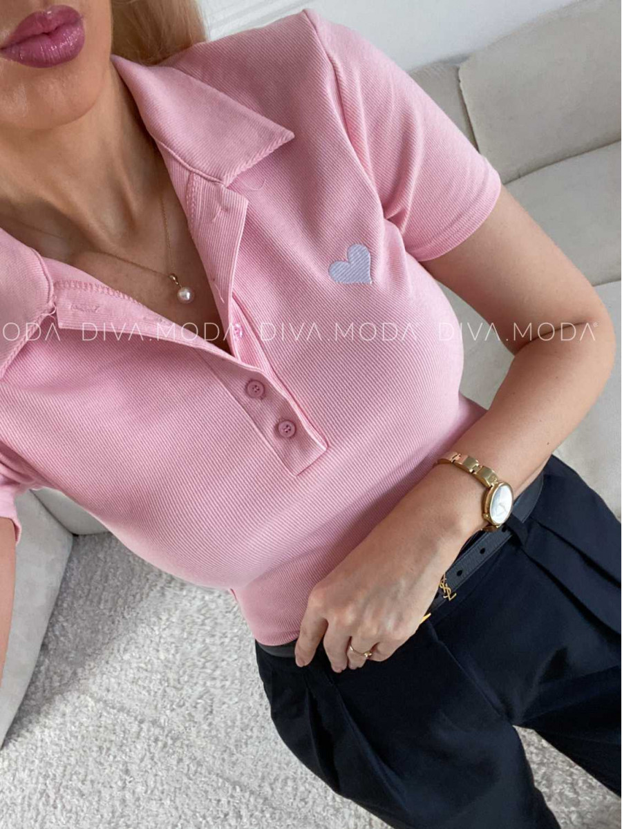 Rebrované polo tričko so srdiečkom ružové M 185