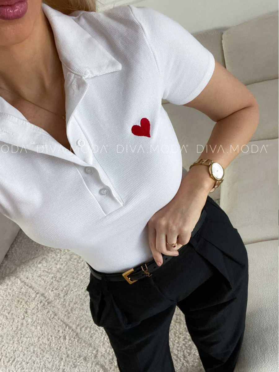 Rebrované polo tričko so srdiečkom biele M 185