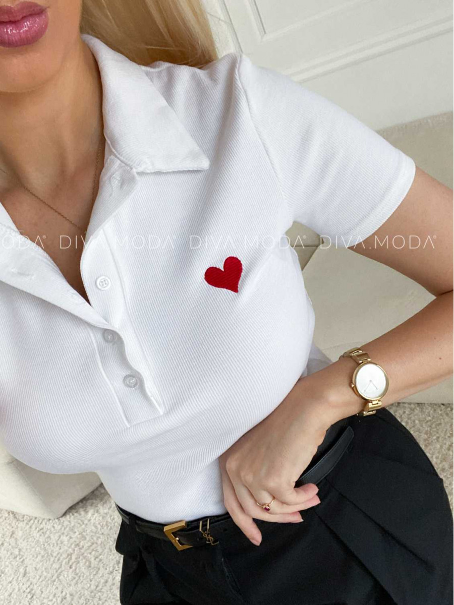 Rebrované polo tričko so srdiečkom biele M 185