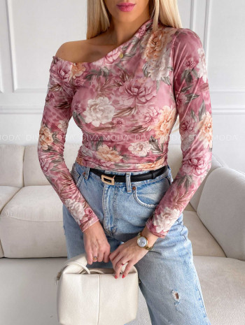 Kvetovaný top na jedno rameno flora ružový M 187
