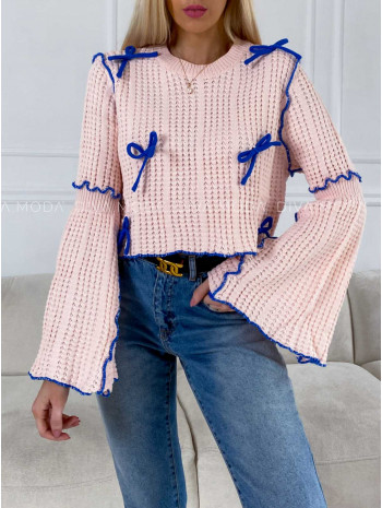 Crop sveter s mašličkami ružový M 235