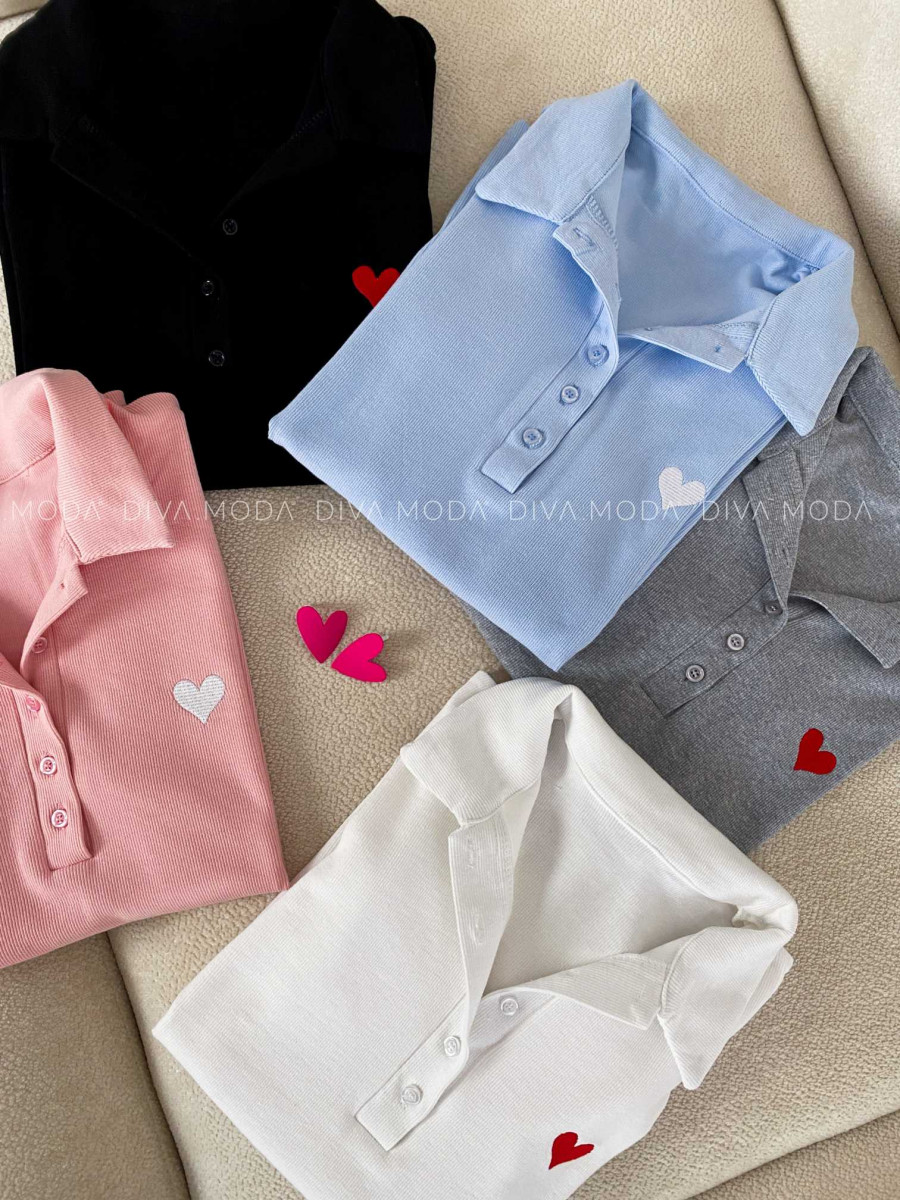 Rebrované polo tričko so srdiečkom biele M 185