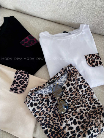 Bavlnené tričko s leopardm vreckom biele M 167 Bavlnené tričko s leopardm vreckom biele M 167
