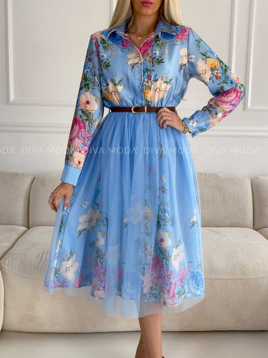 Saténové kvetované šaty s tylom baby blue X 254