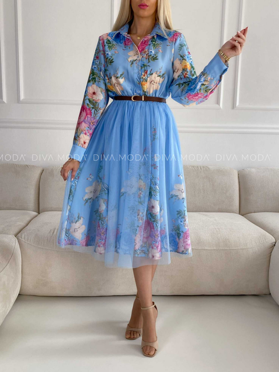 Saténové kvetované šaty s tylom baby blue X 254