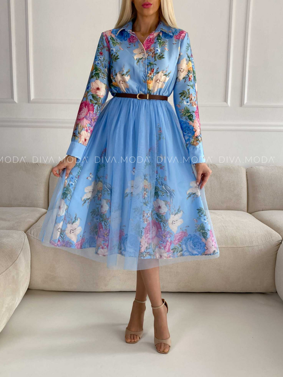 Saténové kvetované šaty s tylom baby blue X 254