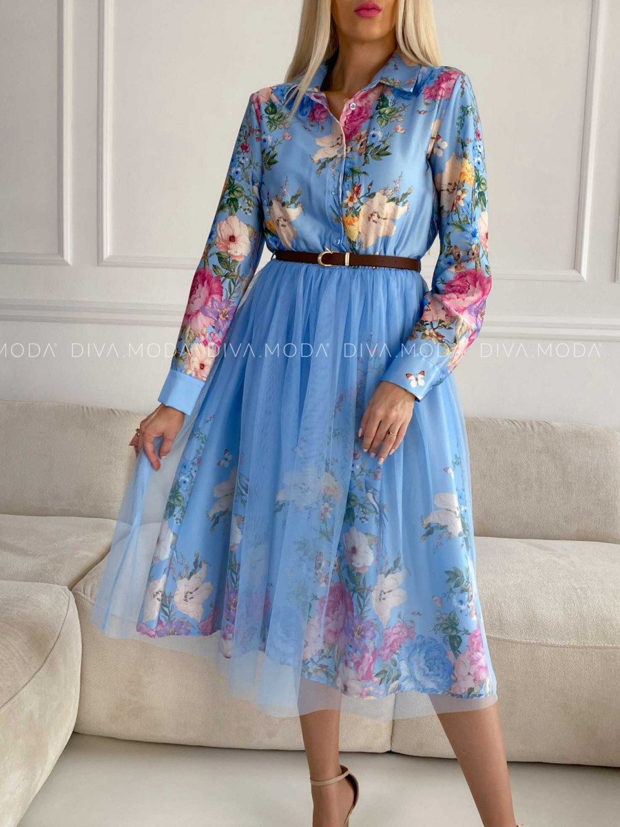 Saténové kvetované šaty s tylom baby blue X 254