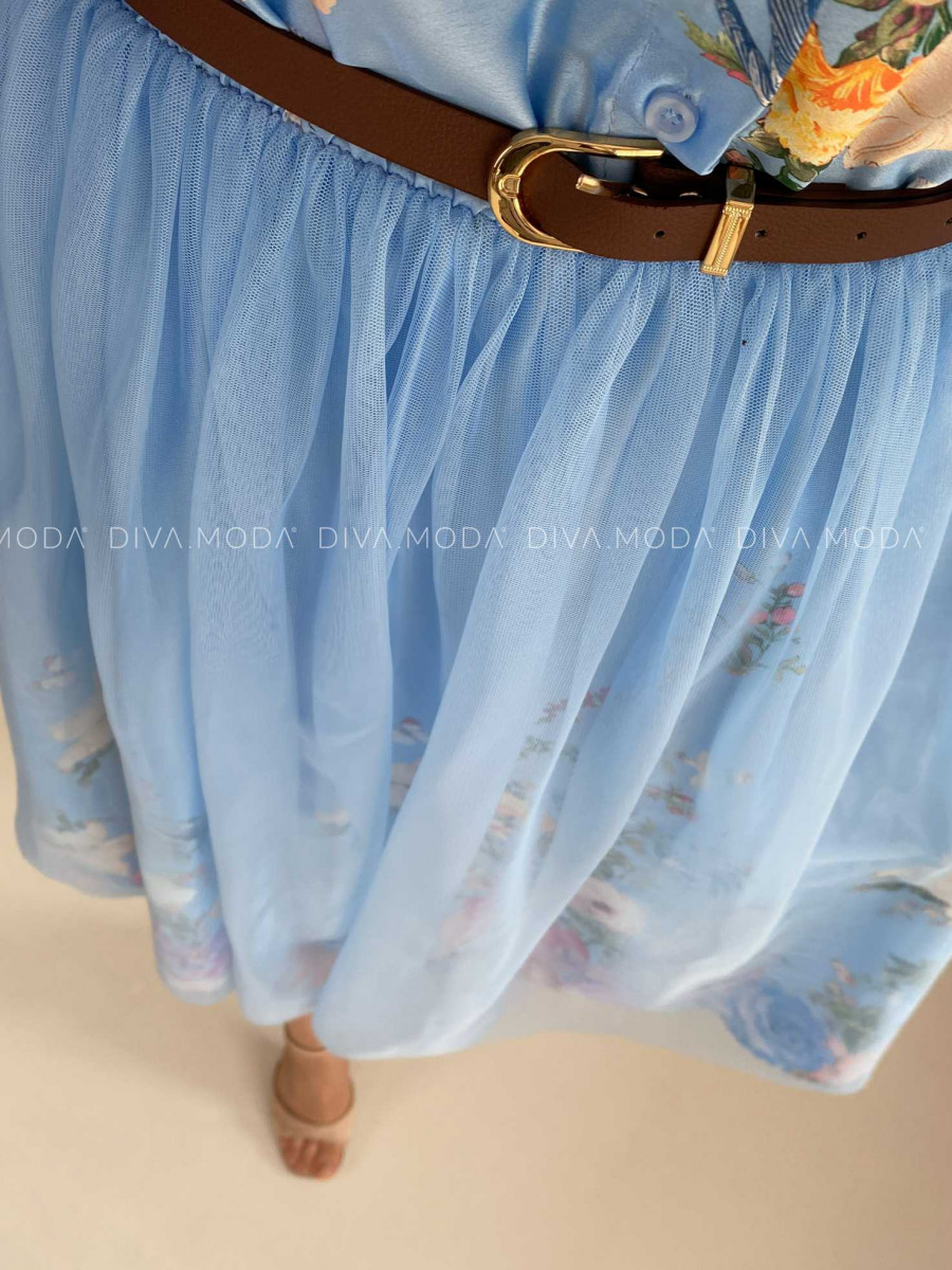Saténové kvetované šaty s tylom baby blue X 254